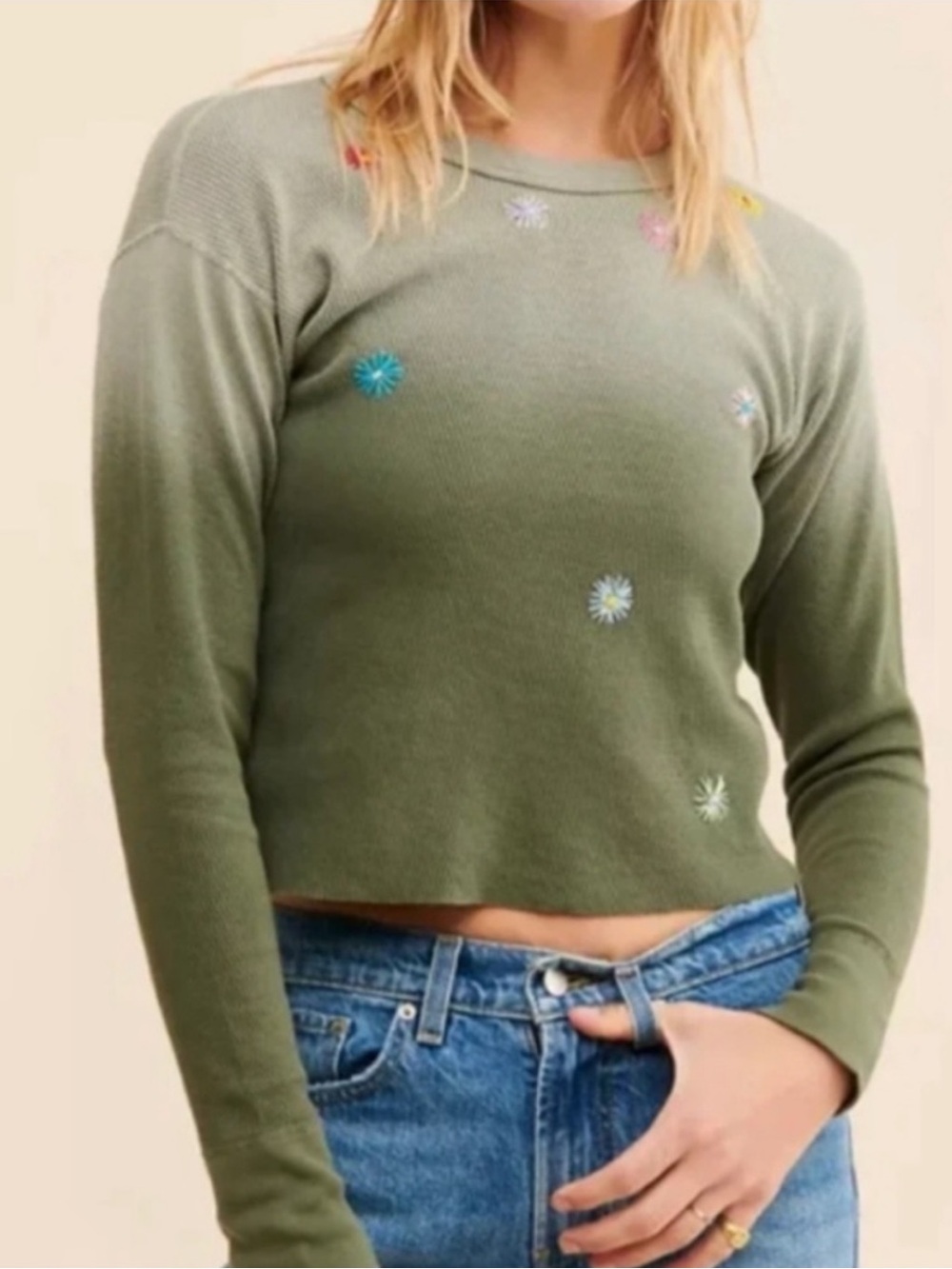 $165 Riley 1880 Vintage Thermal Dip Dye Shirt Raw Edge Hem Flower Embroidery